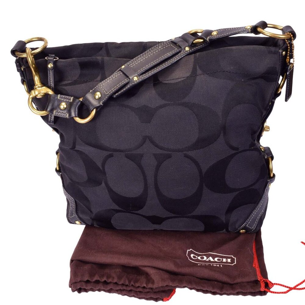Large Coach Carly 10620 Black Signature Fabric Hobo Bag/w Dust Bag